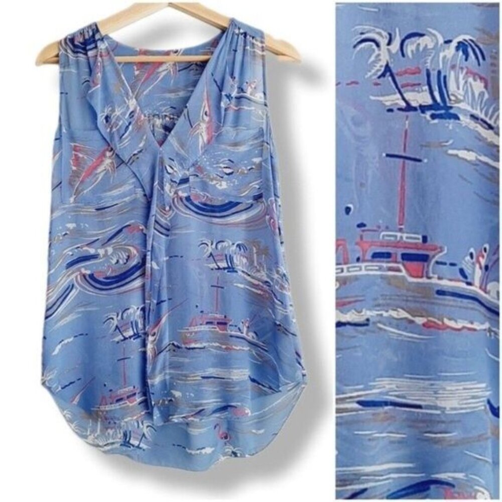 BABATON Aritzia 100% Silk Island Print Sleeveless Blouse Top Sz XS Flawed